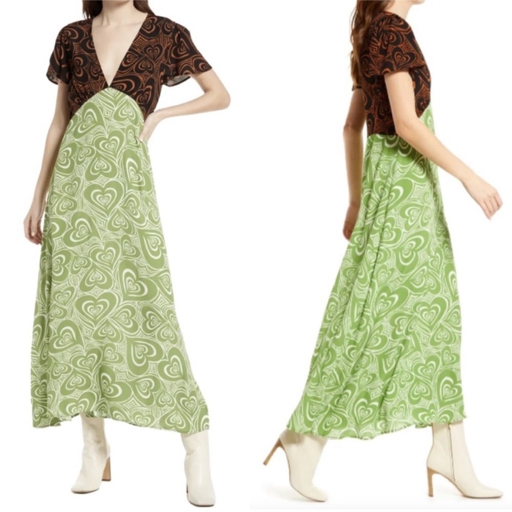 Lisa Says Gah Grace green and brown Midi Hearts Dress